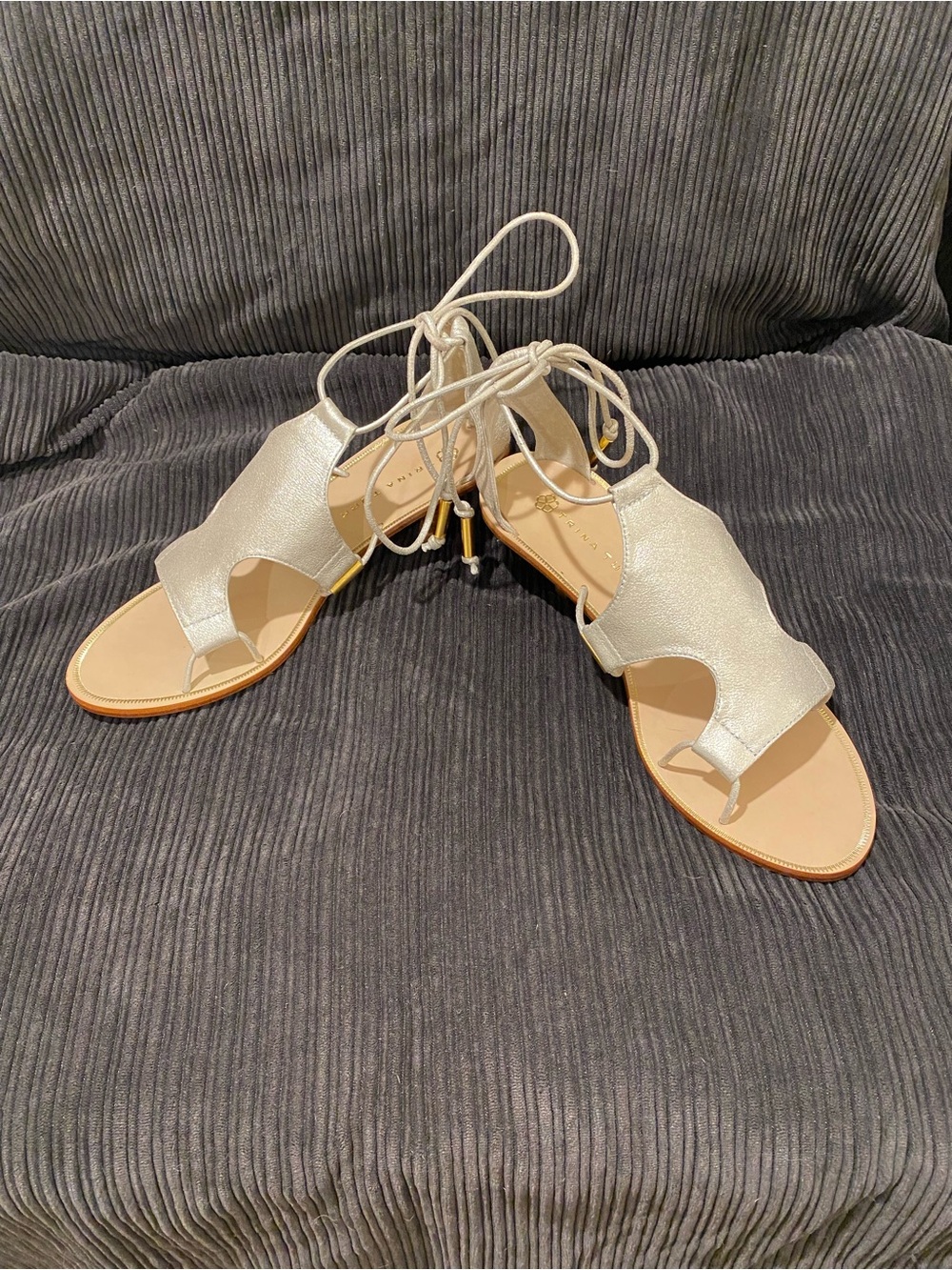 Trina Turk Metallic Silver Lace-Up Toe-Loop Sandals